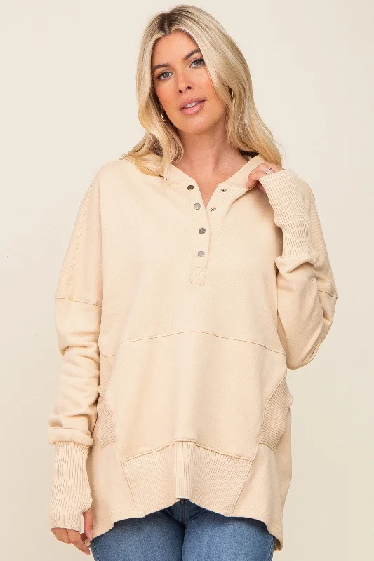 Cream Button Front Ribbed Trim Hooded Sweatshirt