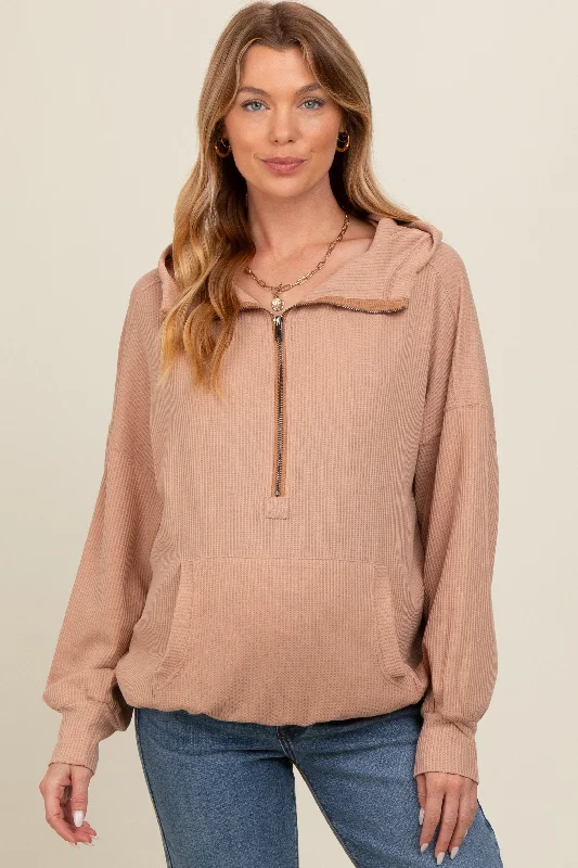 Mocha Waffle Knit Half Zip Relaxed Fit Maternity Hoodie