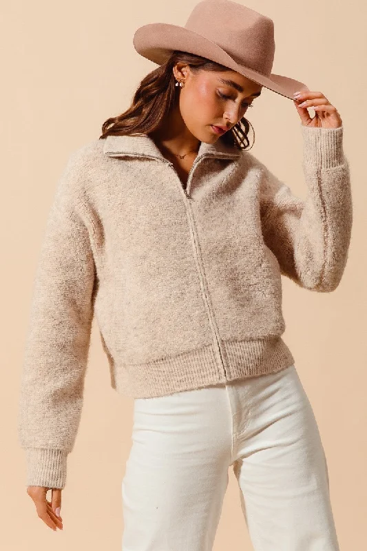 Oatmeal Zipper Fuzzy Sweatshirt