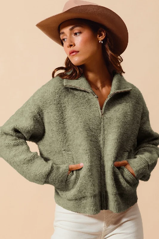 Olive Zipper Fuzzy Sweatshirt