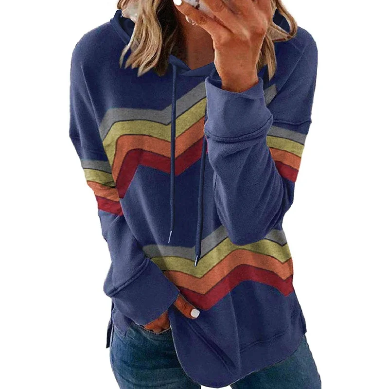 Womens Casual Hoodie Striped Printed Sweatshirts Long Sleeve Drawstring Pullover