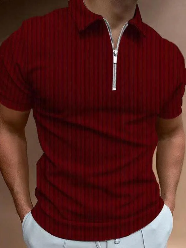 Men's Zipper Striped Short-Sleeved Polo Shirt