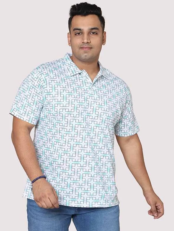 Men Plus Size  White Grey Connecting Checks  Digital Printed Polo Collar T-shirt