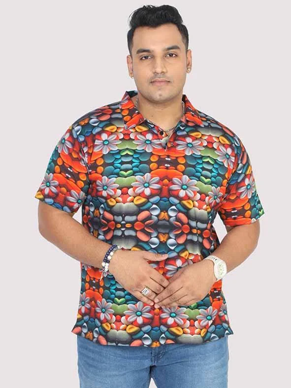 Men Plus Size Flower Mirror Digital Printed Polo Collar T-shirt