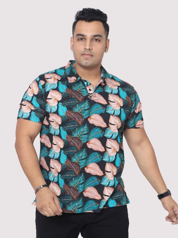 Men Plus Size Tropical Leaf Digital Printed Polo Collar T-shirt