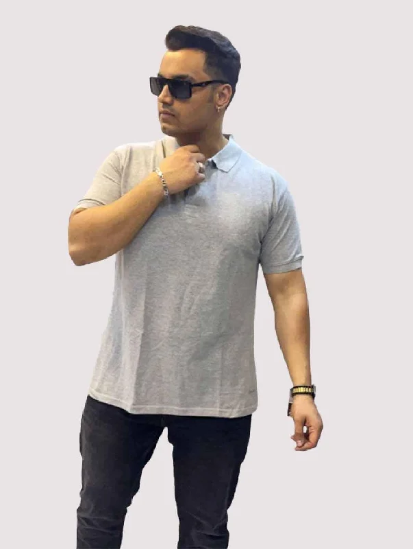 Stone Grey Solid Polo Collar Pure Cotton T-SHIRT Men's Plus Size