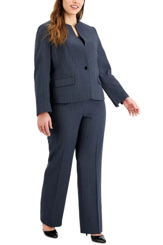 Le Suit One-Button Collarless Straight-Leg Pantsuit (Plus Size)