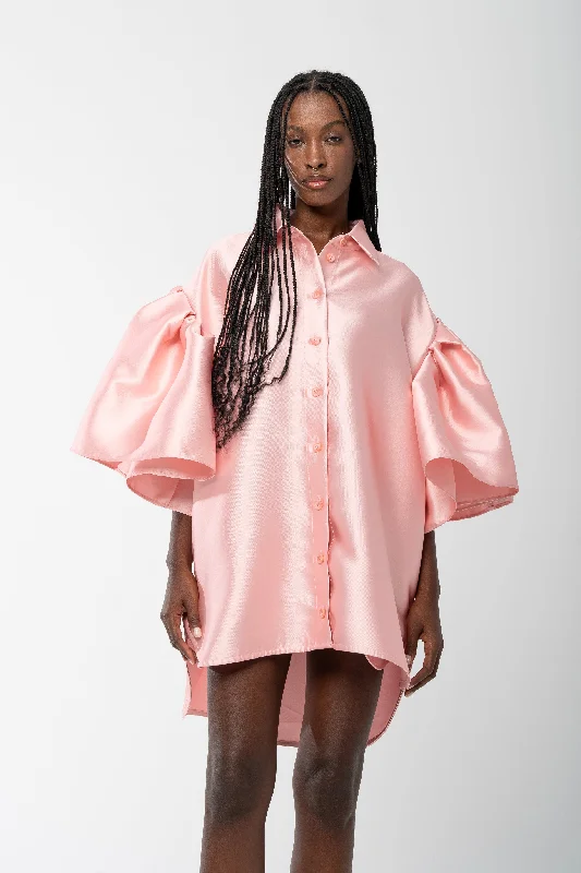 LIGHT PINK MIKADO OVERSIZED SHIRT WITH PLEATED SLEEVES