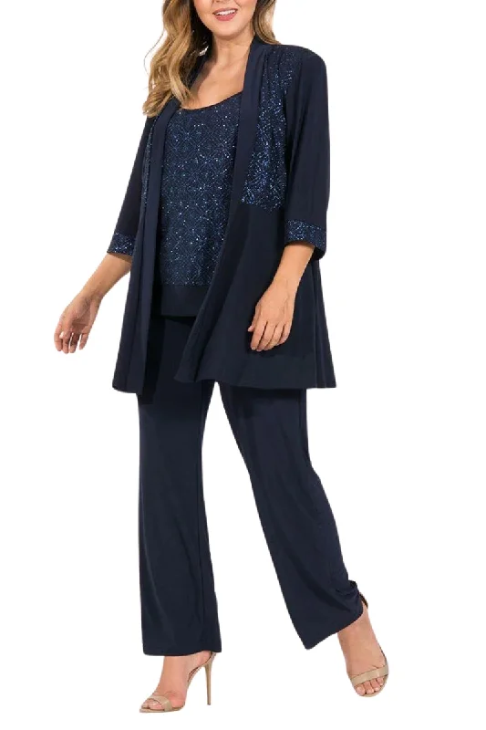 R&M Richards Three Piece Pantsuit With Sheer Sleeves and Neckline Beading (Plus Size)