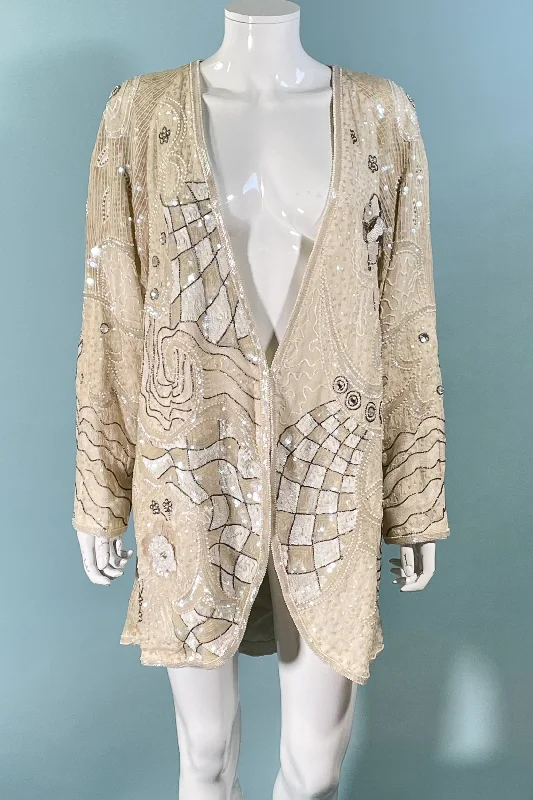 Vintage Cream/White Beaded Sequin Bejeweled Cocoon Top/Jacket, Oversized Fit M-XXL