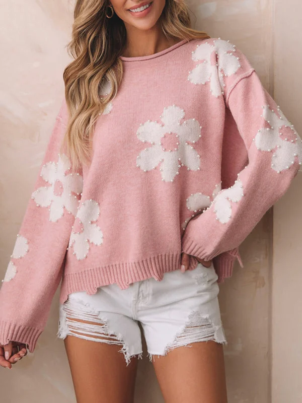 Floral Cozy Knit Oversized Sweater with Pearls