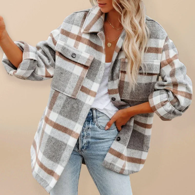 Oversized Plaid Jacket with Big Flap Pockets