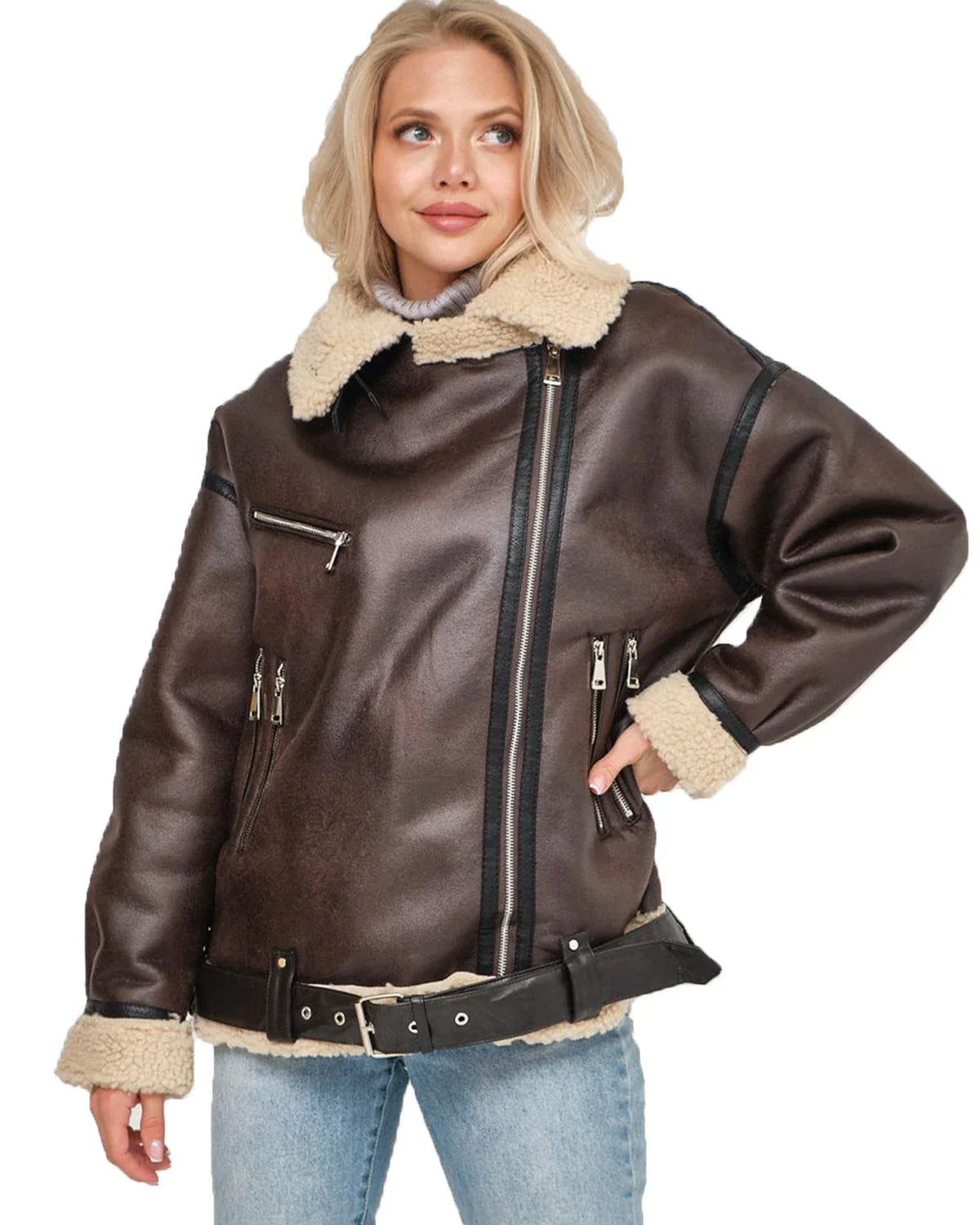 Women Oversized Faux Leather Aviator Jacket with Sherpa Lining